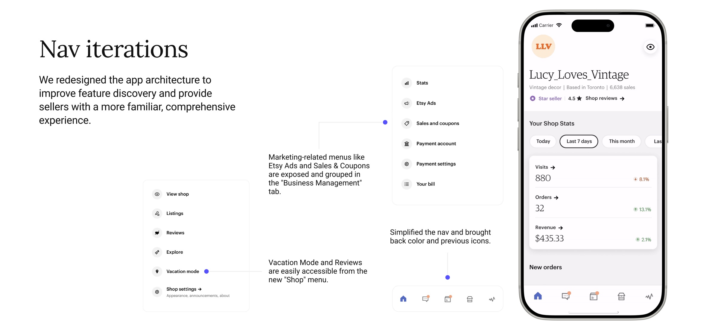 Nav iterations — redesigned navigation architecture resolving the wayfinding problem