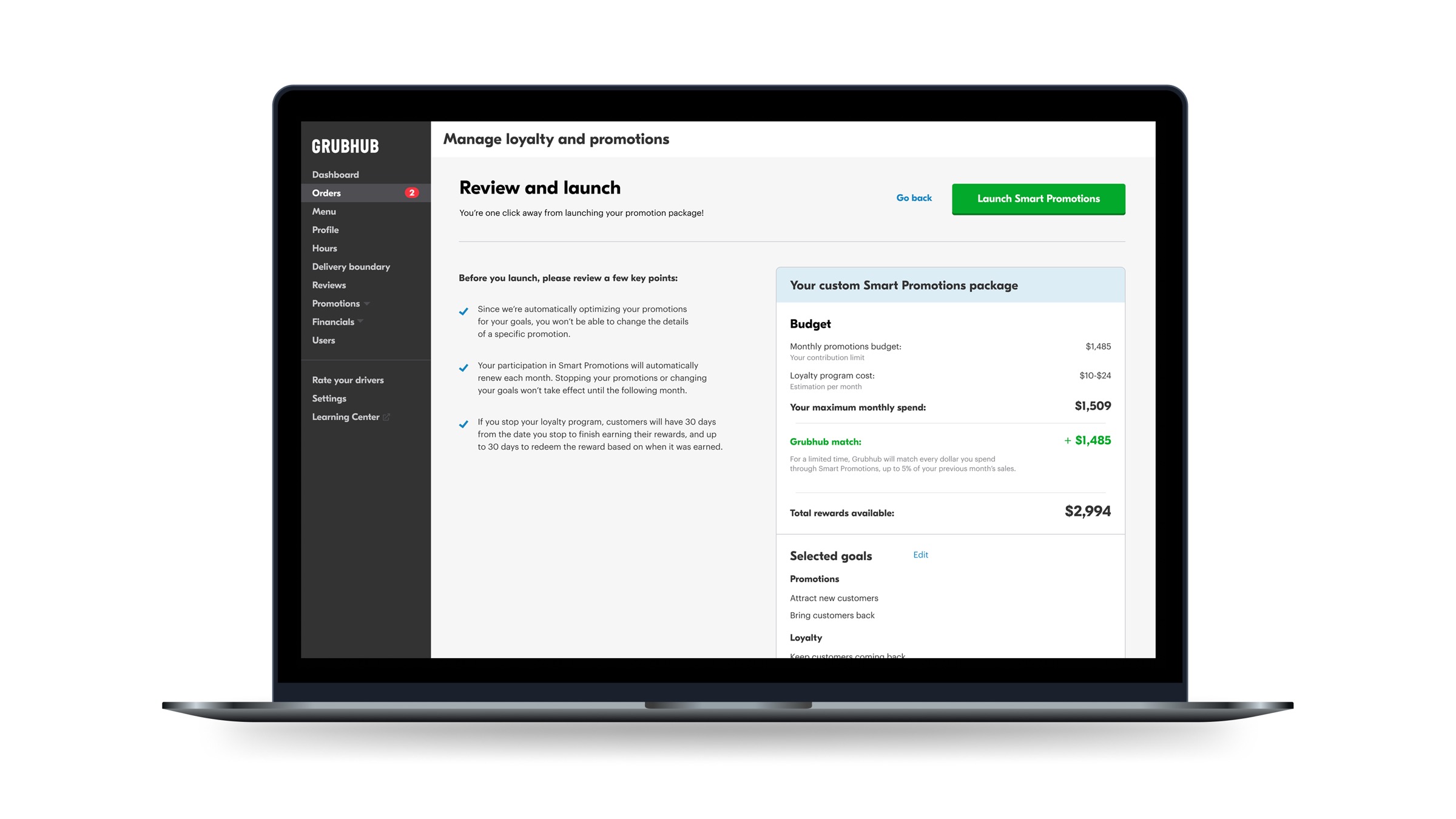 Review and launch screen